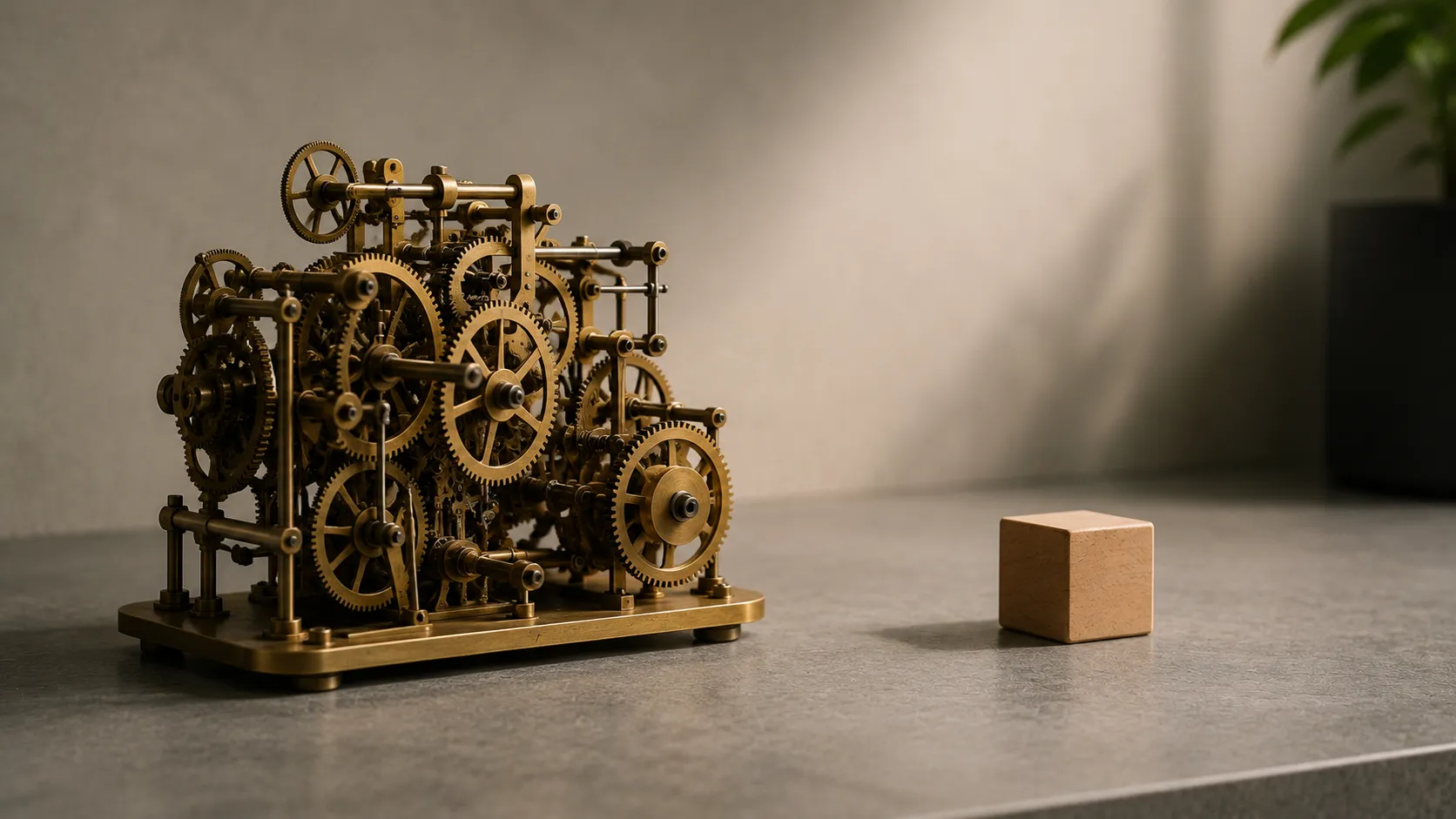 Intricate brass gears beside a plain wooden cube, representing complexity versus simplicity