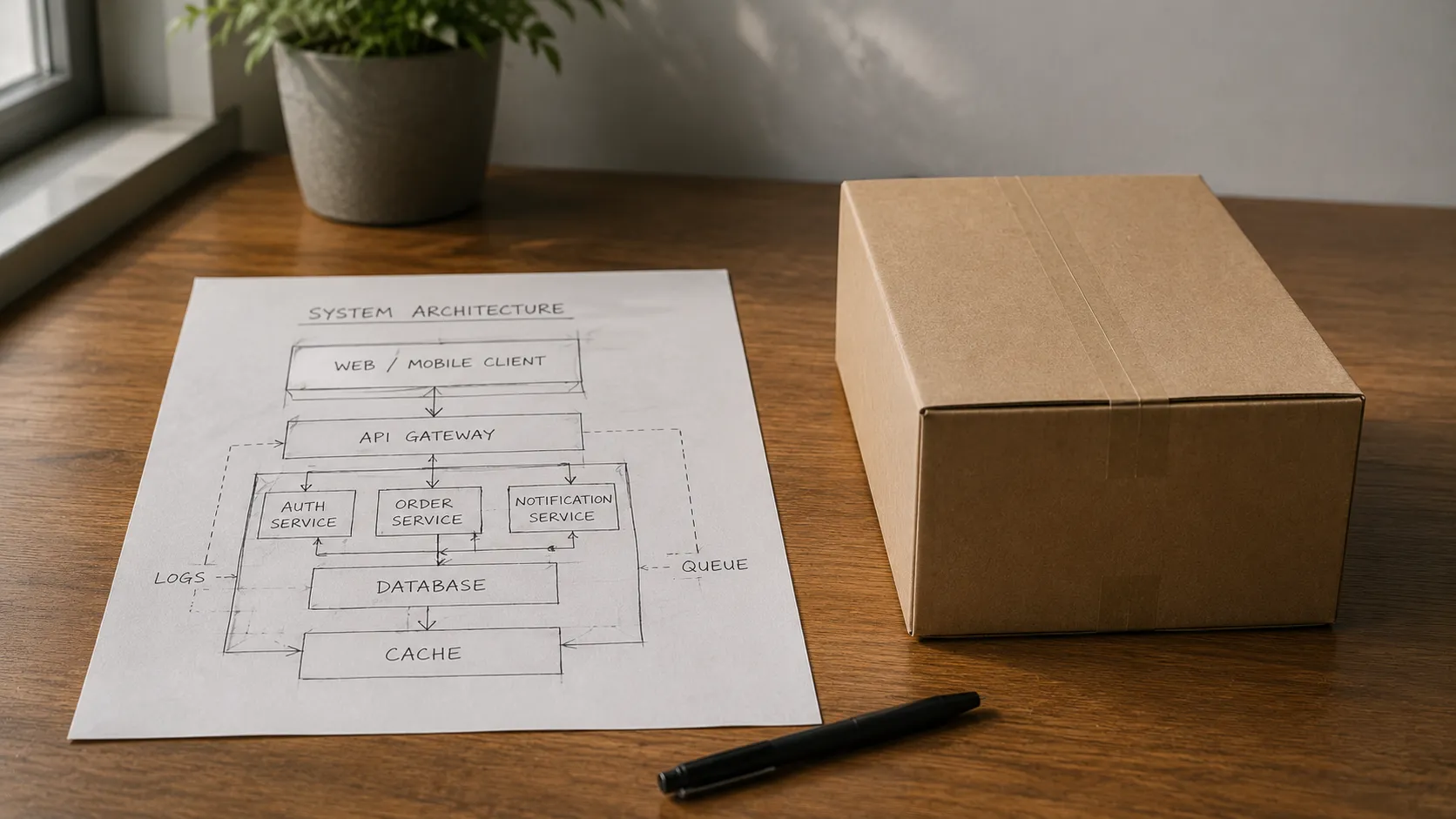 Hand-drawn system architecture diagram beside a sealed cardboard box, representing custom build versus ready-made