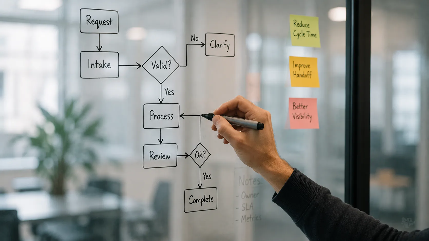 A wall of sticky-note process maps
