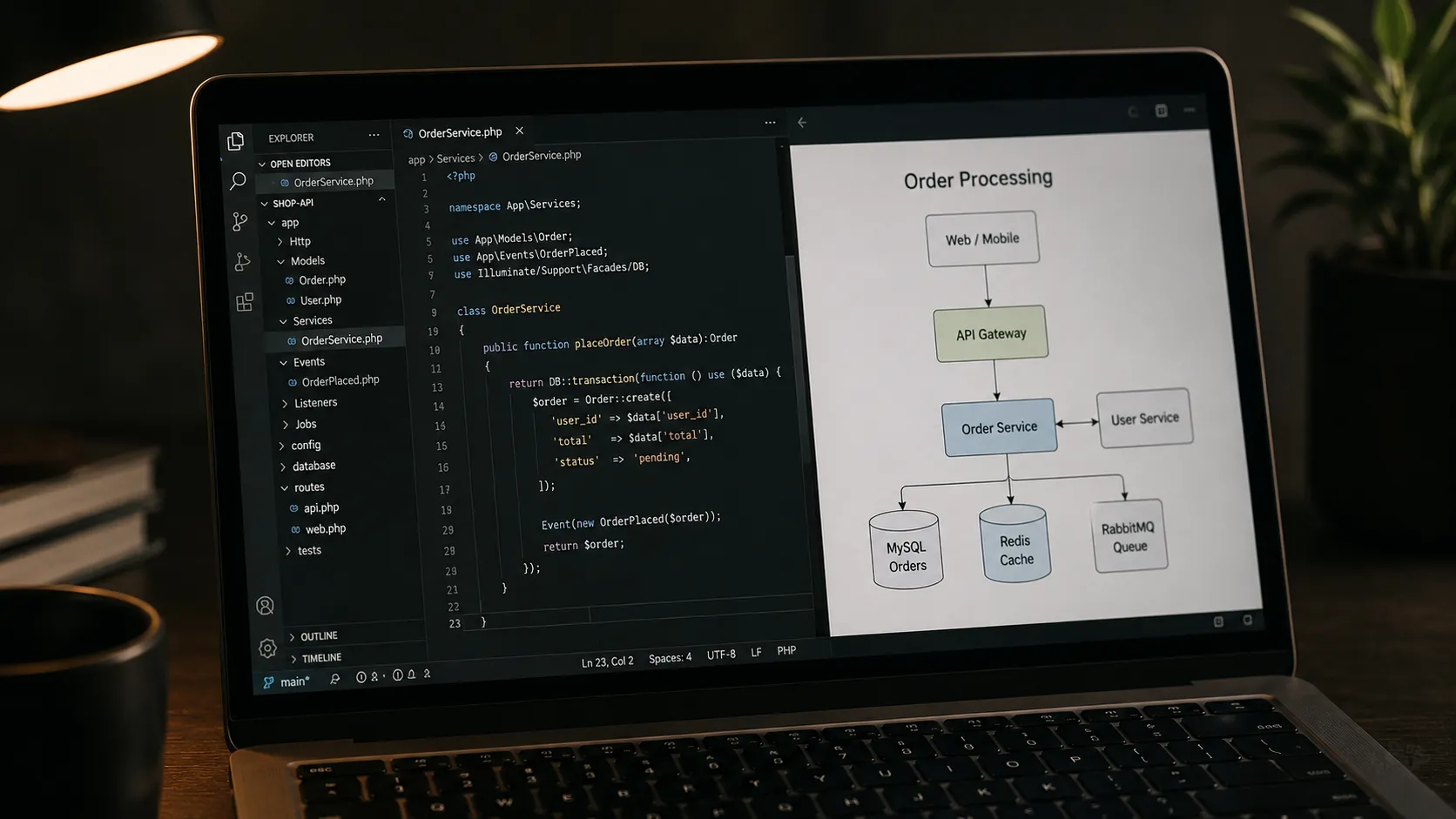 Code editor with backend service code beside a printed system architecture diagram