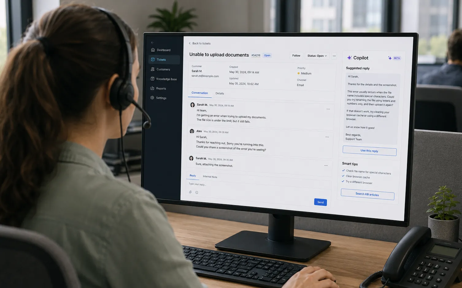An AI reply-suggestion panel at a support desk