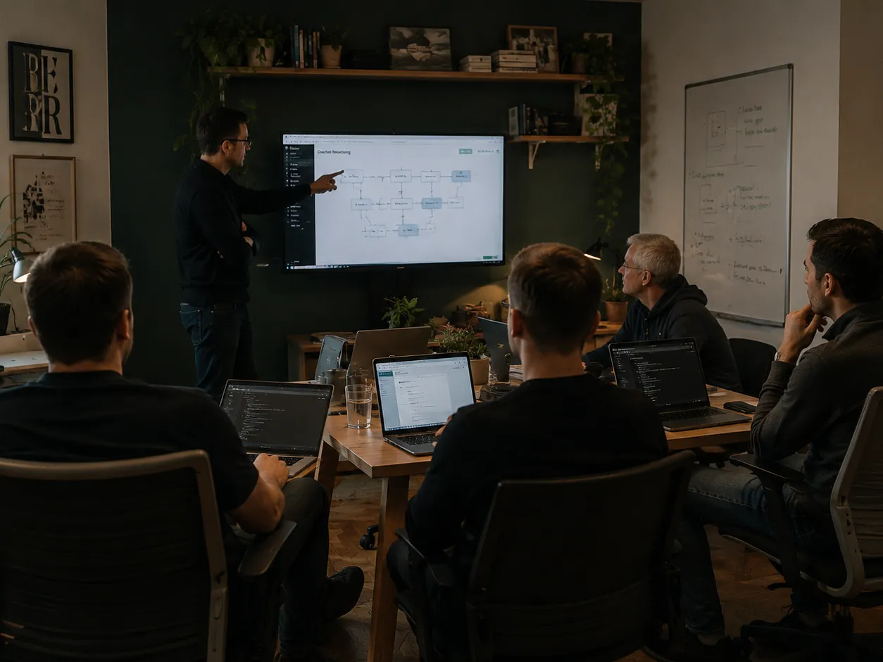 A team collaborating in the studio, working at laptops and presenting on a large display