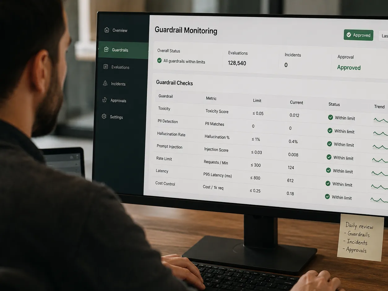 Guardrail monitoring dashboard with AI safety metrics including toxicity, hallucination rate and cost controls