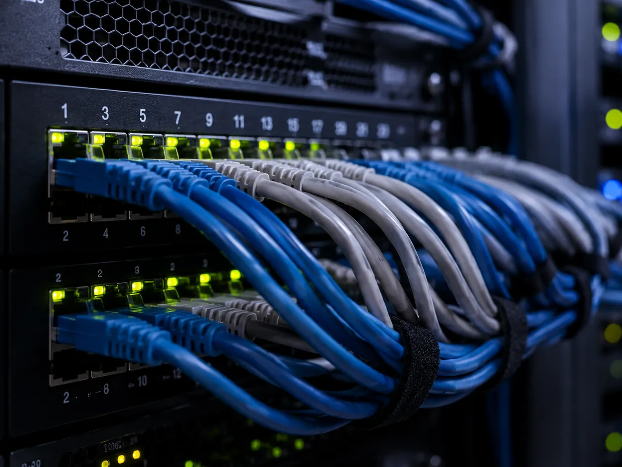 Network infrastructure with cabling and status indicator lights on a server panel