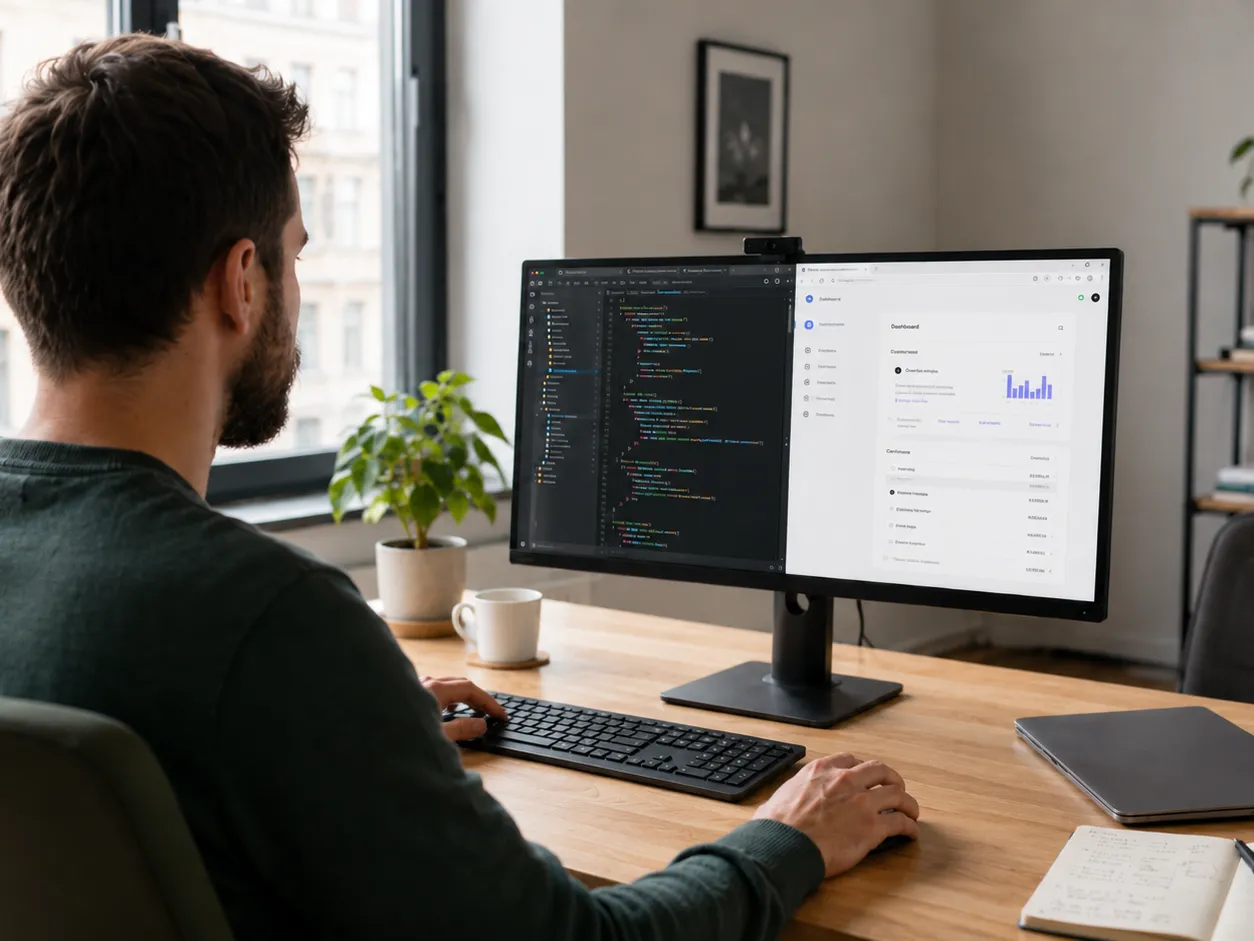 Developer at dual monitors showing a code editor and a dashboard